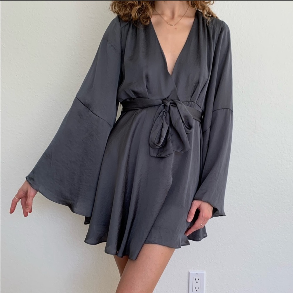 Sugarcloth flowy kimono wrap tie mini dress